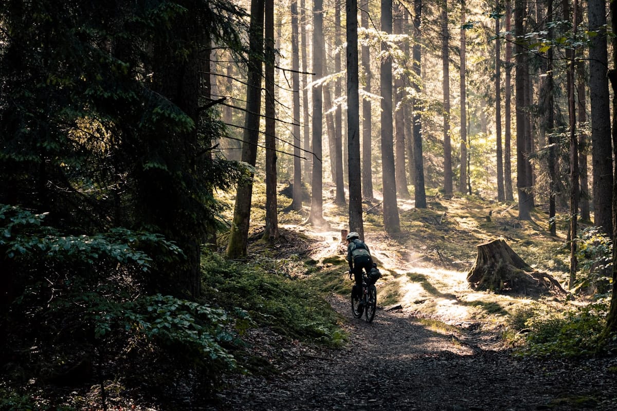 Cyclist riding a gravel road at sunrise through misty countryside hills